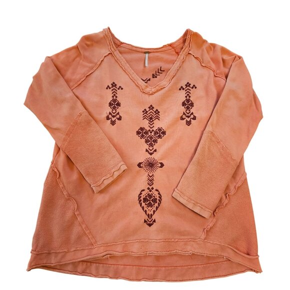 Free People Peach Pink Long Sleeve Top With Embroidered Pattern size small - Picture 1 of 10